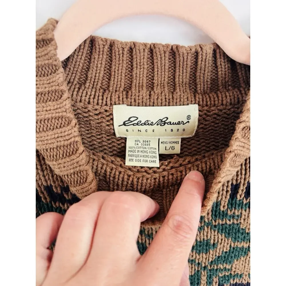 Vintage 90s Eddie Bauer Nordic Knit 100% Cotton Ski Sweater Long Sleeve Mens L - Picture 3 of 5